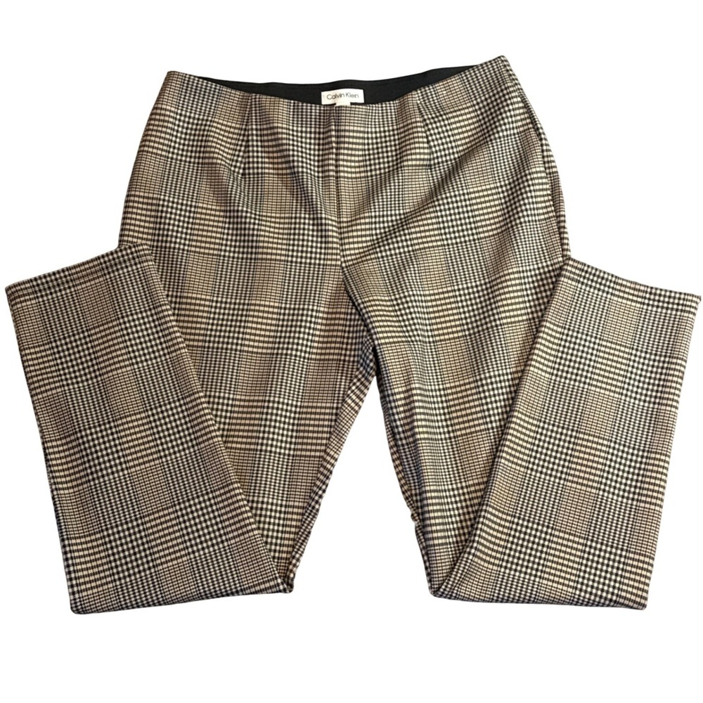 Calvin Klein Womens Glen Plaid Pull On Dress Pants Tan Black Size 14 Slim Leg